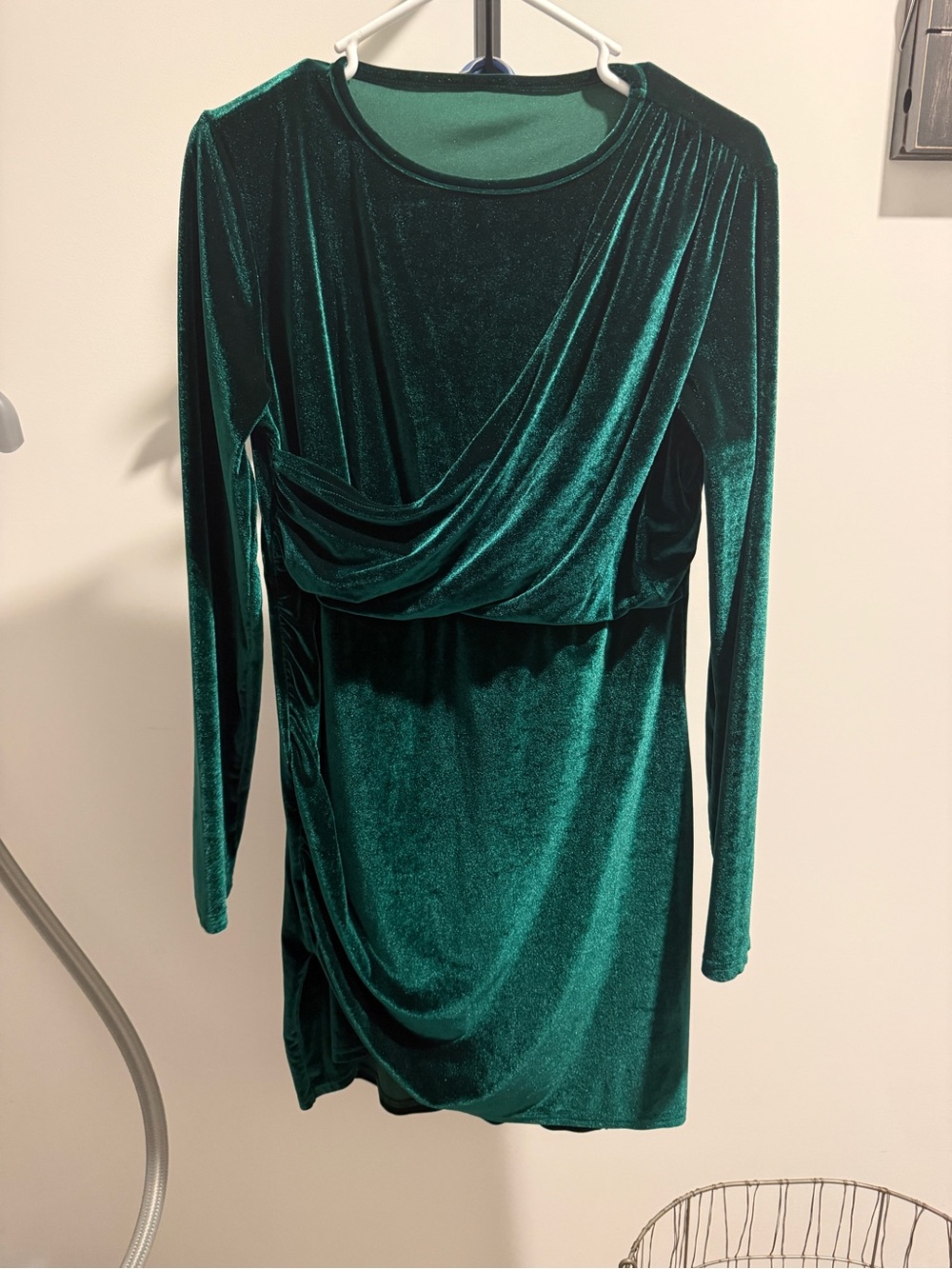 SHEIN Emerald Green Velvet Long-Sleeve Draped Dress